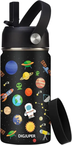12 oz Kids Insulated Water-Bottle w/Straw - Cold-24h Hot-12h, Toddler Water Bottle Spill-proof & BPA-free, Stainless Steel Water Bottles Kids, Space Insulated Cup for School Camping Boys Girls Gift