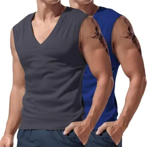 2 Pack Men's Muscle Shirts Fashion V Neck Sleeveless Workout Tank Tops Bodybuilding Gym Fitness Training Sport Tees