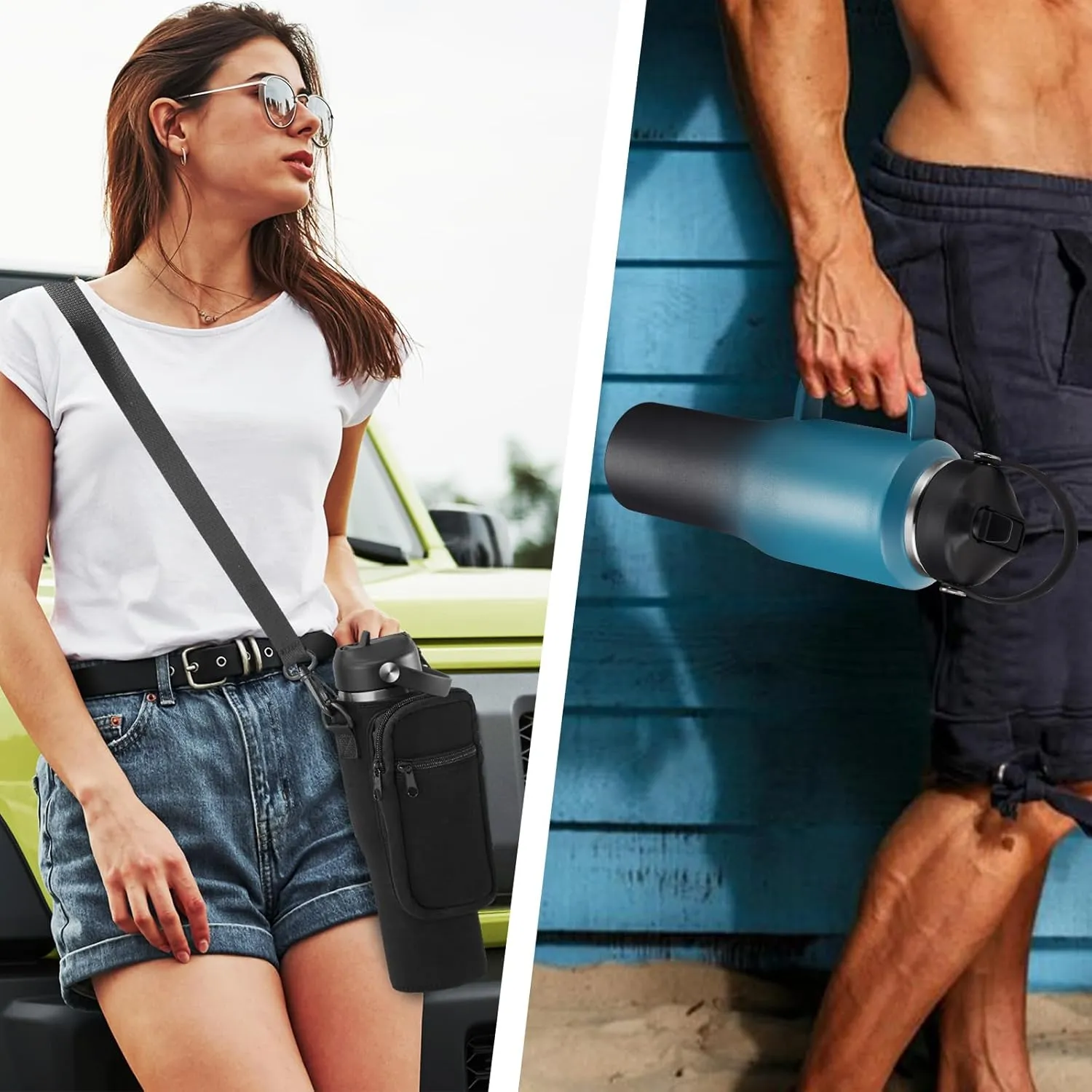 32 40 OZ Insulated Water-Bottle Tumbler with Handle - Straw & Chug Lid, Strap Carrier Bag & Protective Boot, Stainless Steel Coffee Travel Tumblers, Leak-Proof, Skinny Flask Fit in Car Cup Holder