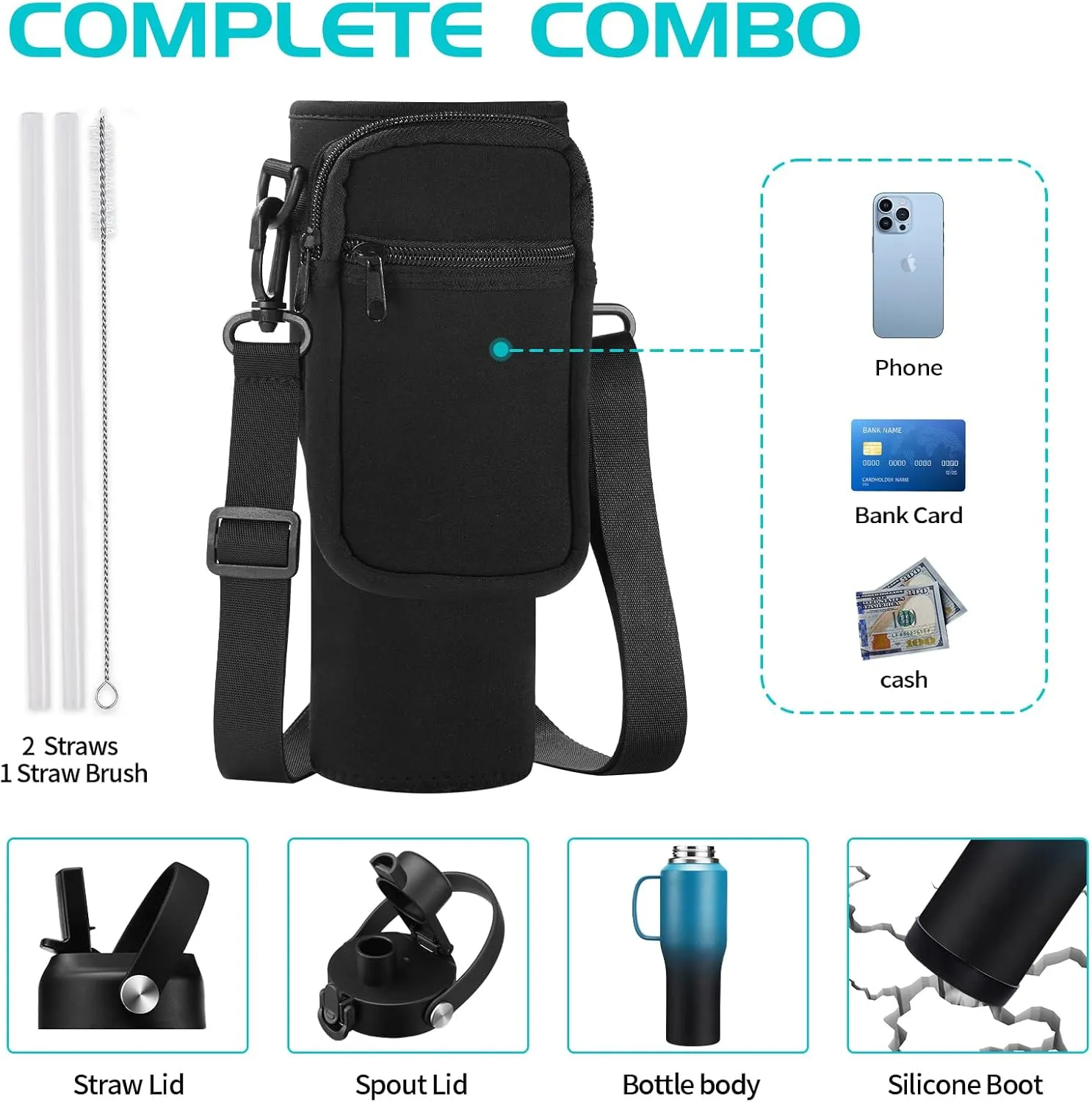 32 40 OZ Insulated Water-Bottle Tumbler with Handle - Straw & Chug Lid, Strap Carrier Bag & Protective Boot, Stainless Steel Coffee Travel Tumblers, Leak-Proof, Skinny Flask Fit in Car Cup Holder
