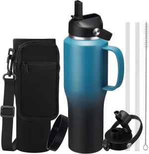 32 40 OZ Insulated Water-Bottle Tumbler with Handle - Straw & Chug Lid, Strap Carrier Bag & Protective Boot, Stainless Steel Coffee Travel Tumblers, Leak-Proof, Skinny Flask Fit in Car Cup Holder