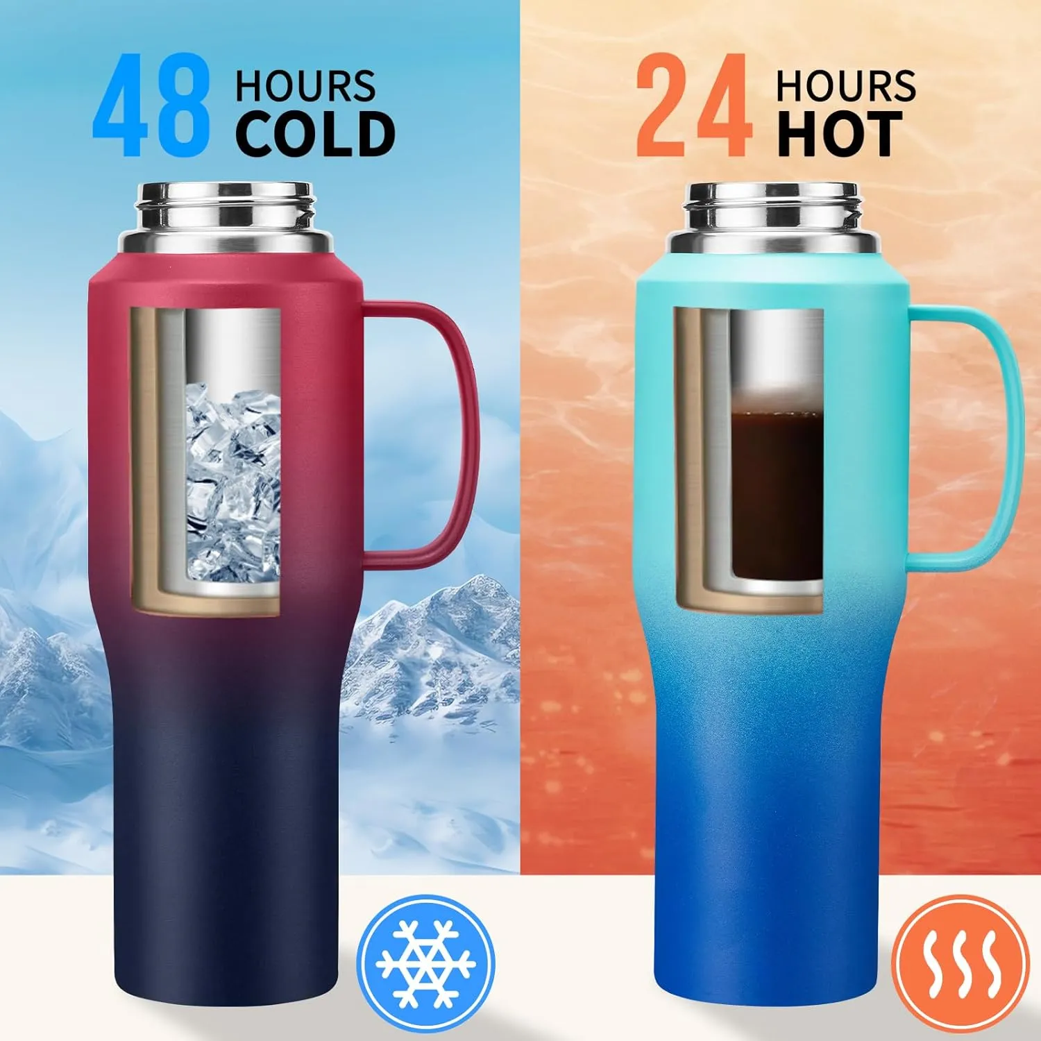 32 40 OZ Insulated Water-Bottle Tumbler with Handle - Straw & Chug Lid, Strap Carrier Bag & Protective Boot, Stainless Steel Coffee Travel Tumblers, Leak-Proof, Skinny Flask Fit in Car Cup Holder