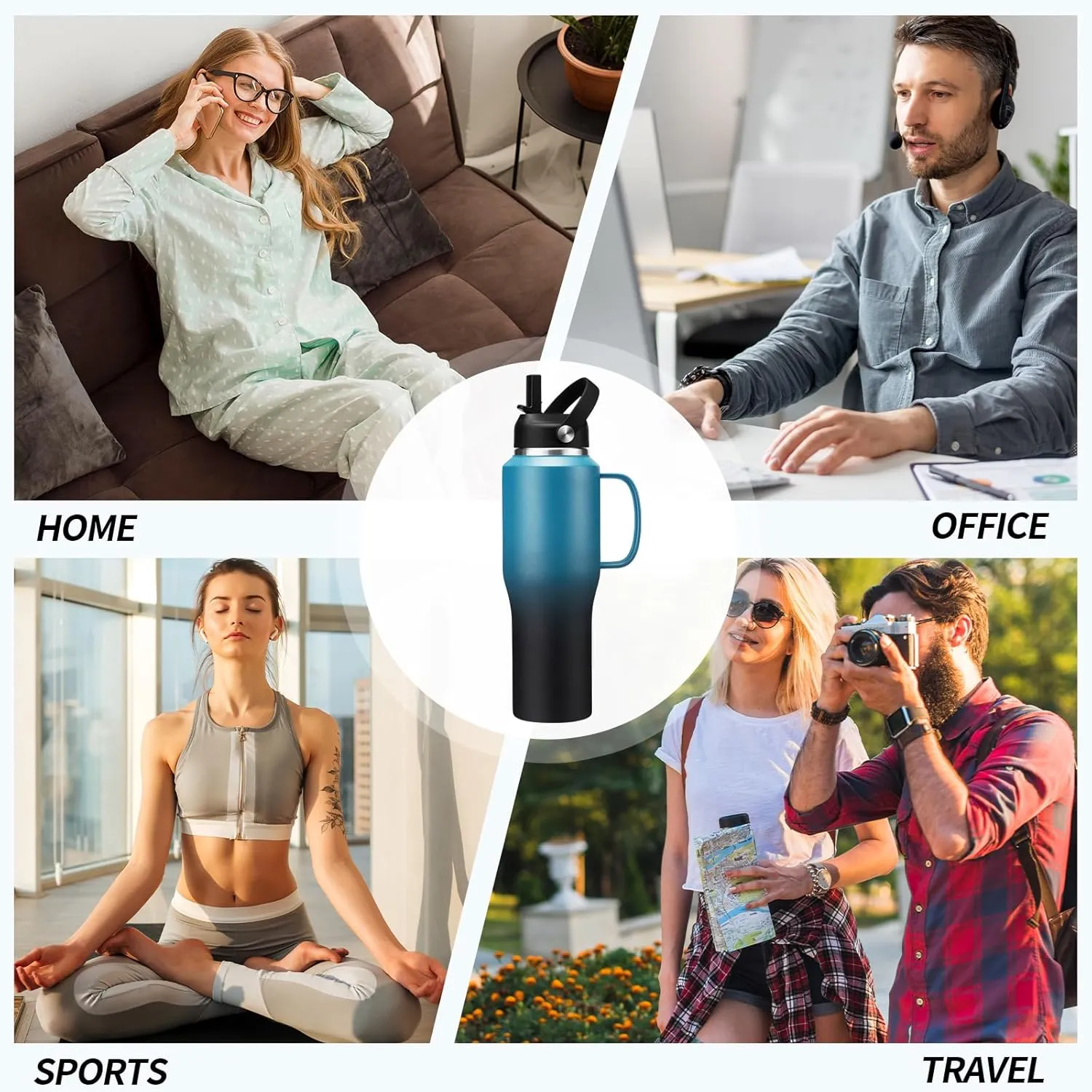 32 40 OZ Insulated Water-Bottle Tumbler with Handle - Straw & Chug Lid, Strap Carrier Bag & Protective Boot, Stainless Steel Coffee Travel Tumblers, Leak-Proof, Skinny Flask Fit in Car Cup Holder