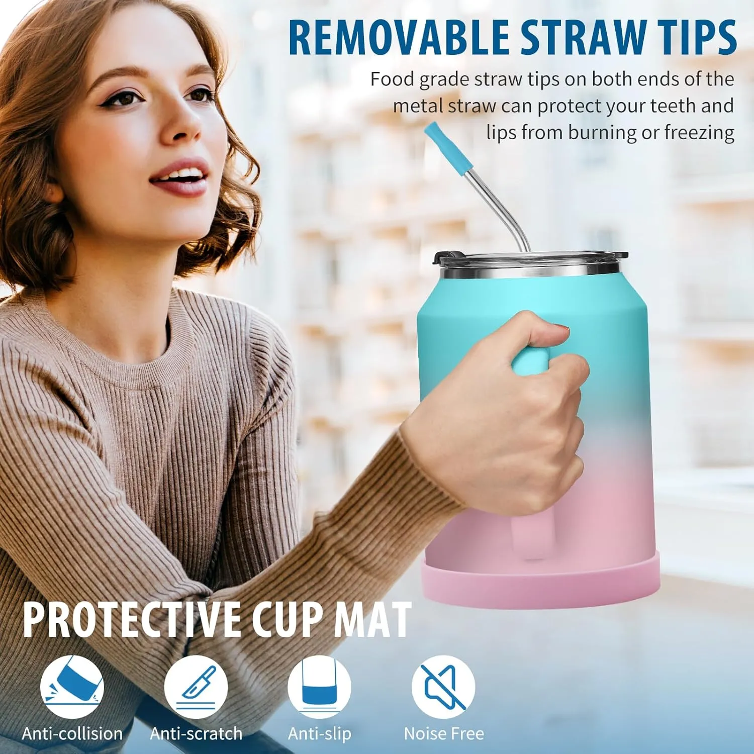 32 oz Mug Tumbler with Handle and Straw - Large Stainless Steel Coffee Cup with 2-in-1 Lid, Insulated Water Bottle Flask Jug, Metal Thermal Cup Keep Cold 36 hrs, Leakproof Proof BPA-Free