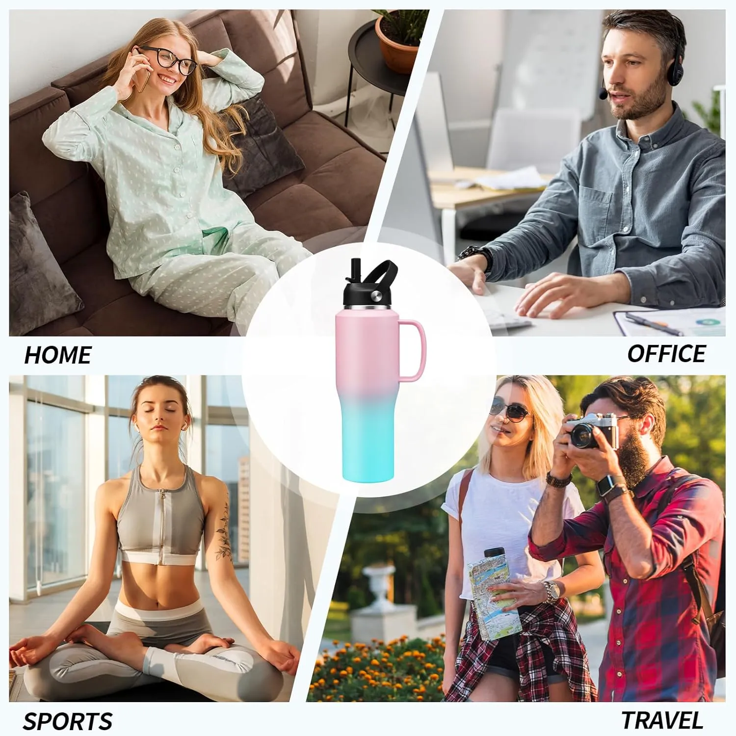 32/40 OZ Water Bottle with Handle, Stainless Steel Insulated Tumbler with Straw & Carrying Case, Vacuum Thermal Insulated Flask Mug, Coffee Tumbler Cup Fit in Car Cup Holder for Travel Drive