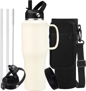 32/40 OZ Water Bottle with Handle, Stainless Steel Insulated Tumbler with Straw & Carrying Case, Vacuum Thermal Insulated Flask Mug, Coffee Tumbler Cup Fit in Car Cup Holder for Travel Drive