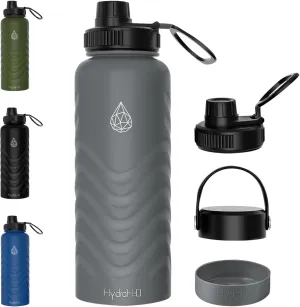 32oz Insulated Water Bottle with Straw and Spout,Stainless Steel with Fluid Scale,Leak-Proof,Wide Mouth,BPA-Free,Silicone Boot & Handle – Gray Sports Flask for Gym,Hiking,Travel