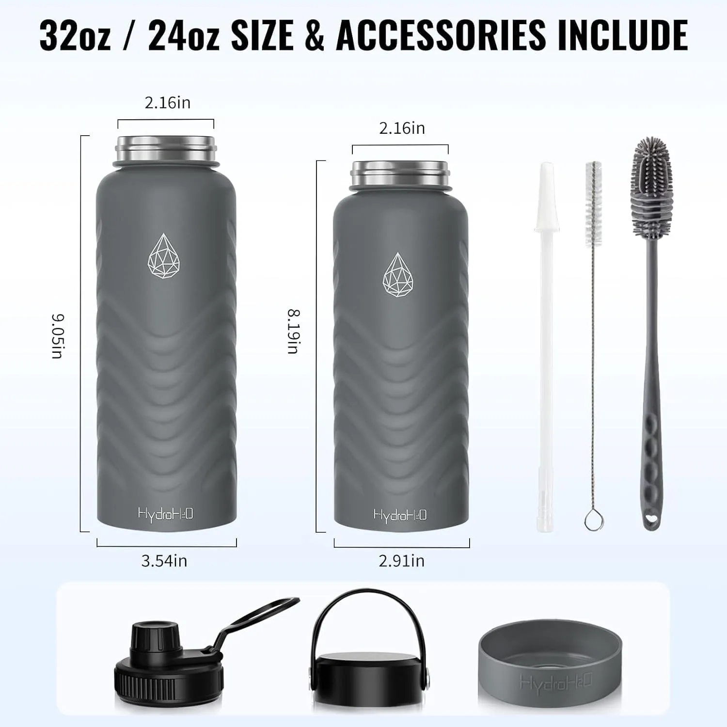 32oz Insulated Water Bottle with Straw and Spout,Stainless Steel with Fluid Scale,Leak-Proof,Wide Mouth,BPA-Free,Silicone Boot & Handle – Gray Sports Flask for Gym,Hiking,Travel