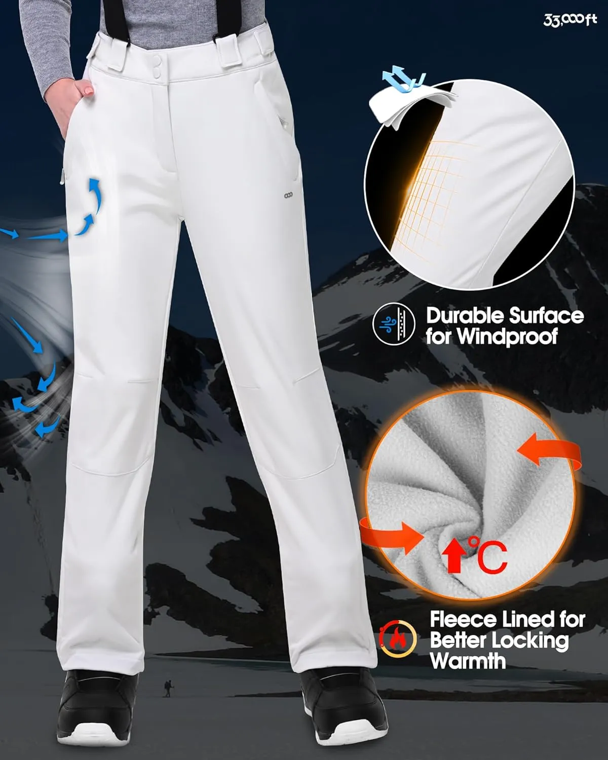 33,000ft Womens Snow Bibs Waterproof Insulated Snow Pants with Fleece Lined, Windproof Ski Pants Overalls for Snowboard