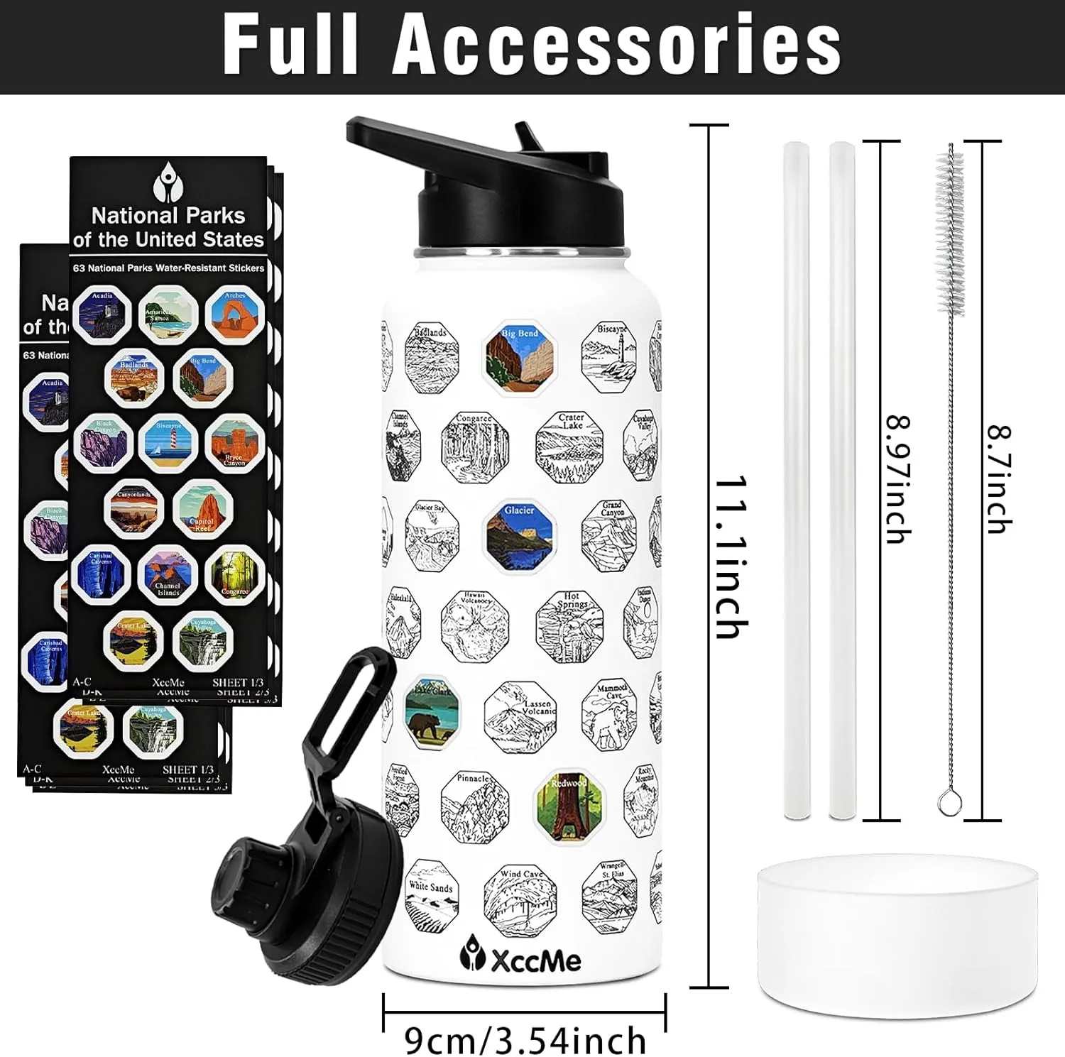 40 oz National Parks Water Bottle with Stickers,Insulated Stainless Steel Water Bottle with 2 Lids,Straws,Silicone Boot,Waterproof Stickers,Travel Vacuum Sealed Metal Bottle,Leak Proof (White)