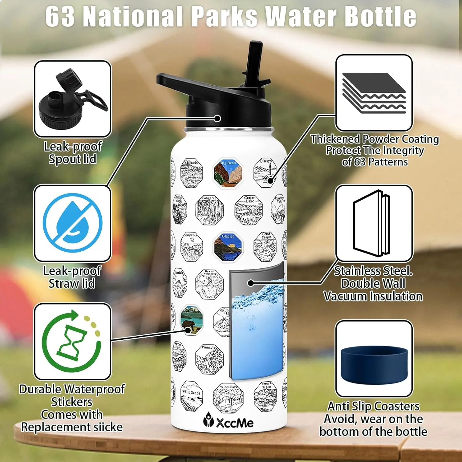 40 oz National Parks Water Bottle with Stickers,Insulated Stainless Steel Water Bottle with 2 Lids,Straws,Silicone Boot,Waterproof Stickers,Travel Vacuum Sealed Metal Bottle,Leak Proof (White)