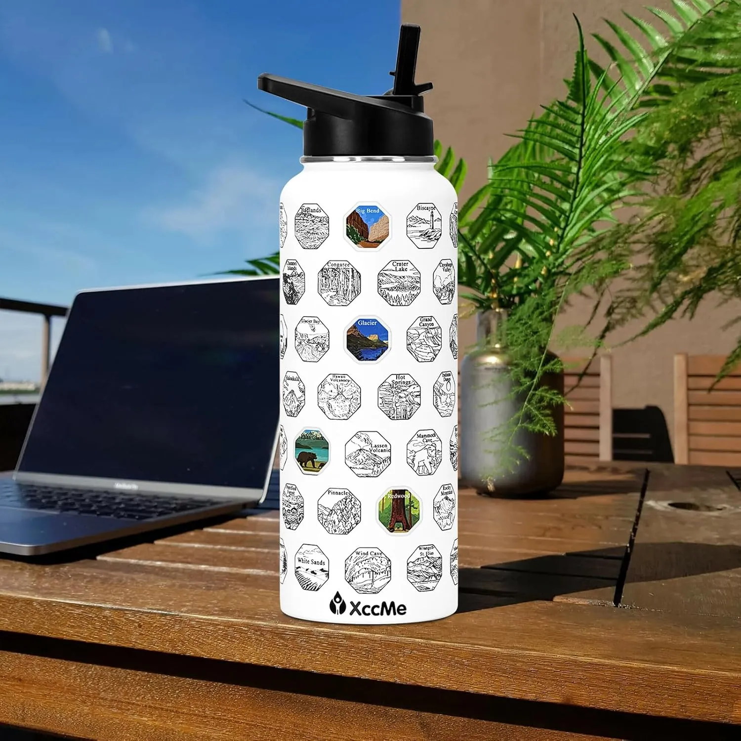 40 oz National Parks Water Bottle with Stickers,Insulated Stainless Steel Water Bottle with 2 Lids,Straws,Silicone Boot,Waterproof Stickers,Travel Vacuum Sealed Metal Bottle,Leak Proof (White)