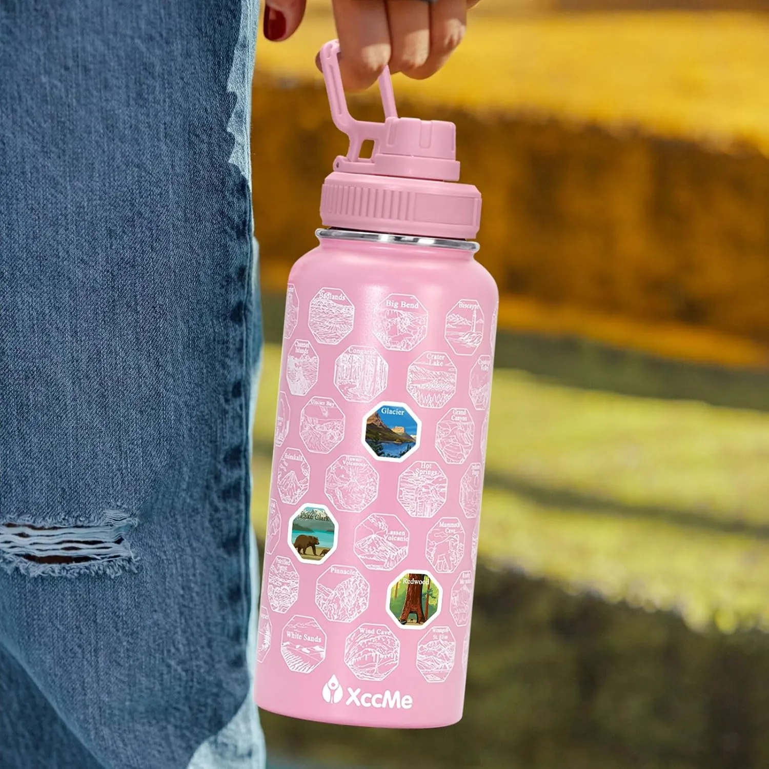 63 National Parks Water Bottle with Stickers,32 oz Stainless Steel Insulated Water Bottle with Straw,2 Lids,Leak Proof Metal Water Bottle for Hiking,Travel,Sports,Camping,Wide Mouth Bottle