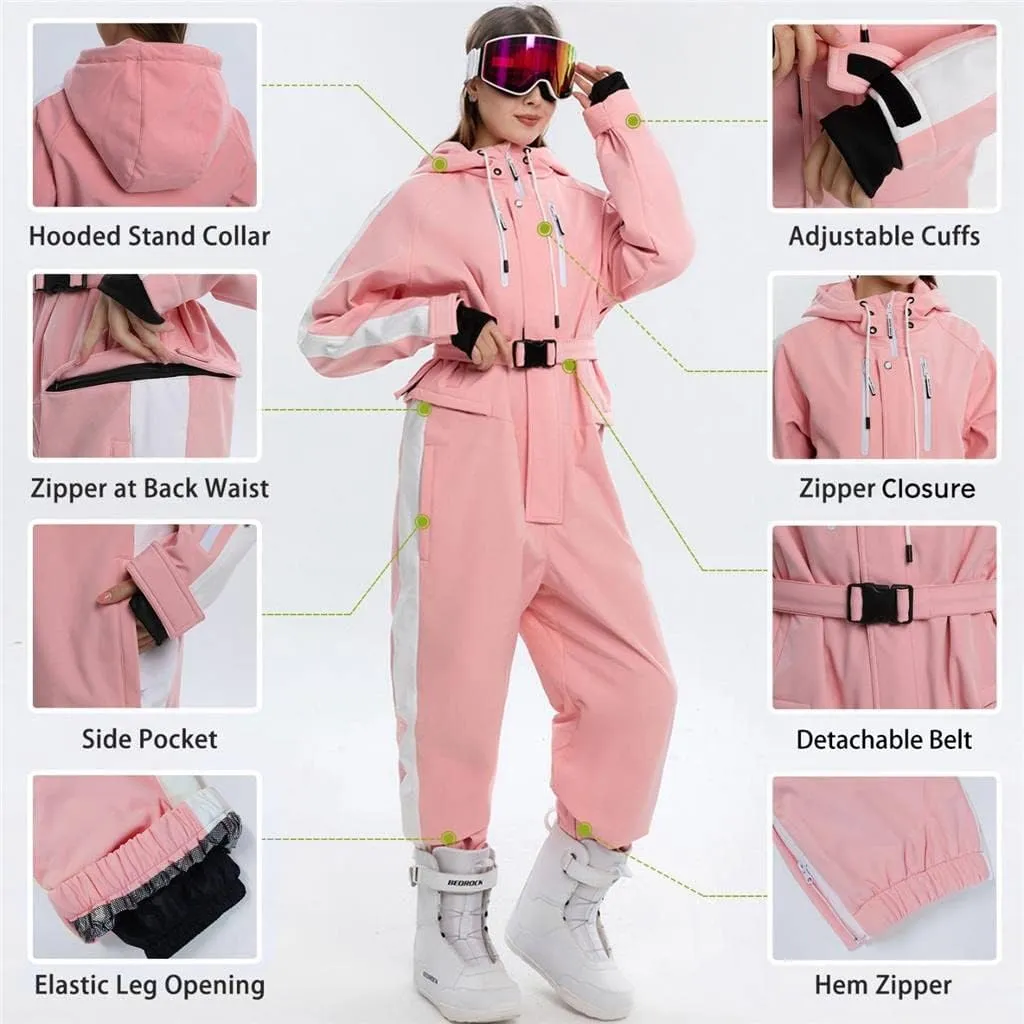 ALSOGO Women One Pieces Ski Suits Jumpsuits Waterproof Insulated Snowsuit Overalls with Detachable Belt for Snow Sport