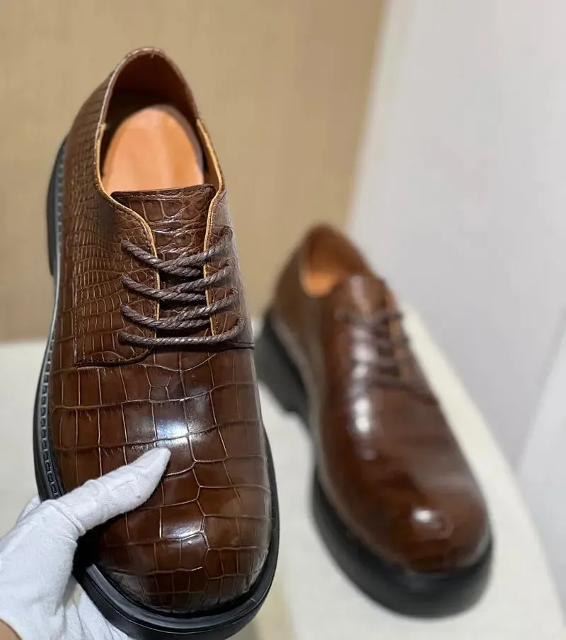 Authentic Real Crocodile Skin Fashion Big Round Toe Men's Dress Shoes Genuine Exotic Alligator Leather Male Lace-up Derby Shoes