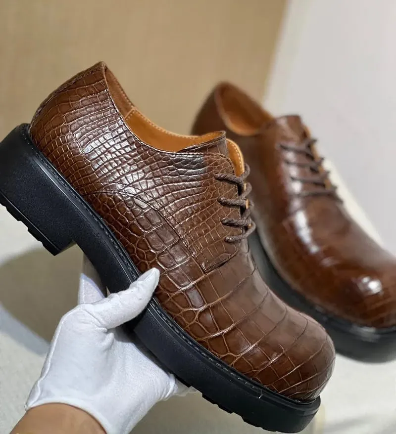 Authentic Real Crocodile Skin Fashion Big Round Toe Men's Dress Shoes Genuine Exotic Alligator Leather Male Lace-up Derby Shoes