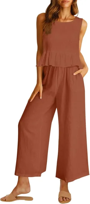 AUTOMET Womens Summer 2 Piece Outfits Linen Crop Tank Tops Lounge Matching Sets & Long Track Pants Tracksuits 2025