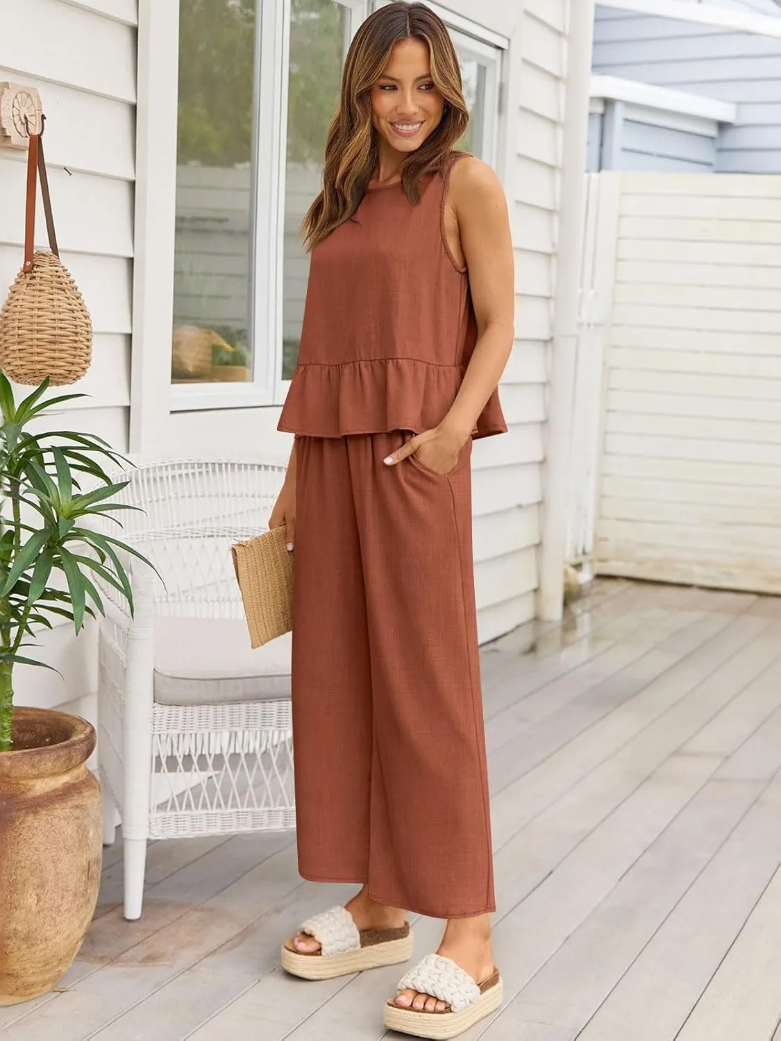 AUTOMET Womens Summer 2 Piece Outfits Linen Crop Tank Tops Lounge Matching Sets & Long Track Pants Tracksuits 2025
