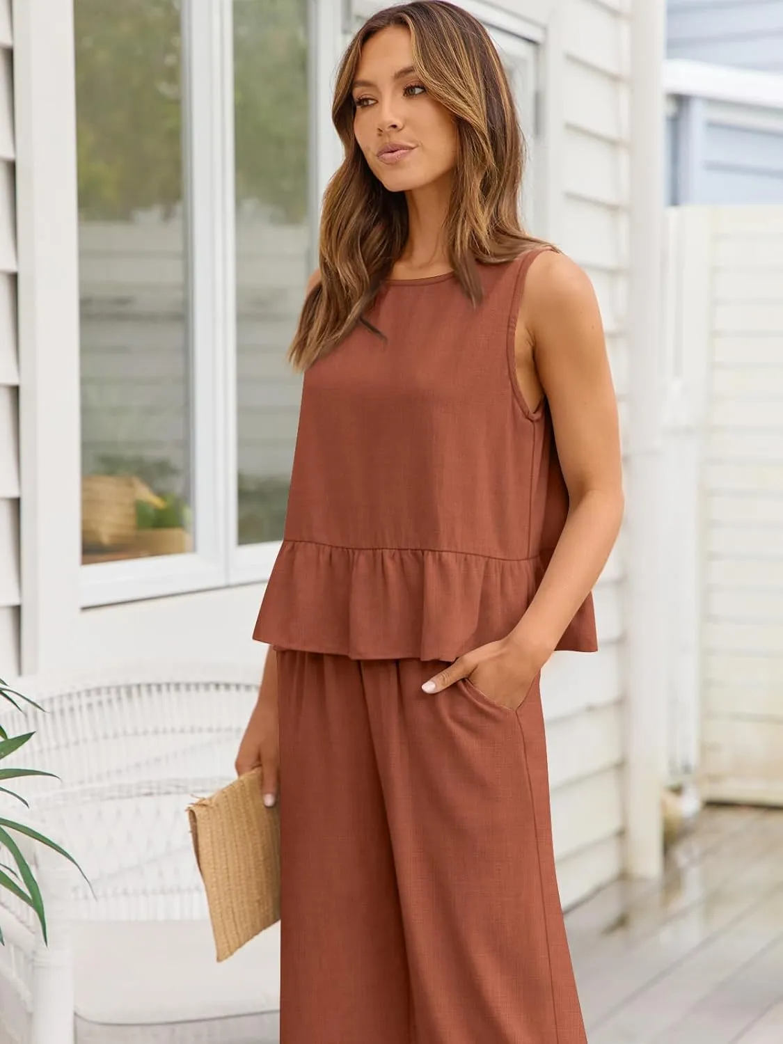 AUTOMET Womens Summer 2 Piece Outfits Linen Crop Tank Tops Lounge Matching Sets & Long Track Pants Tracksuits 2025