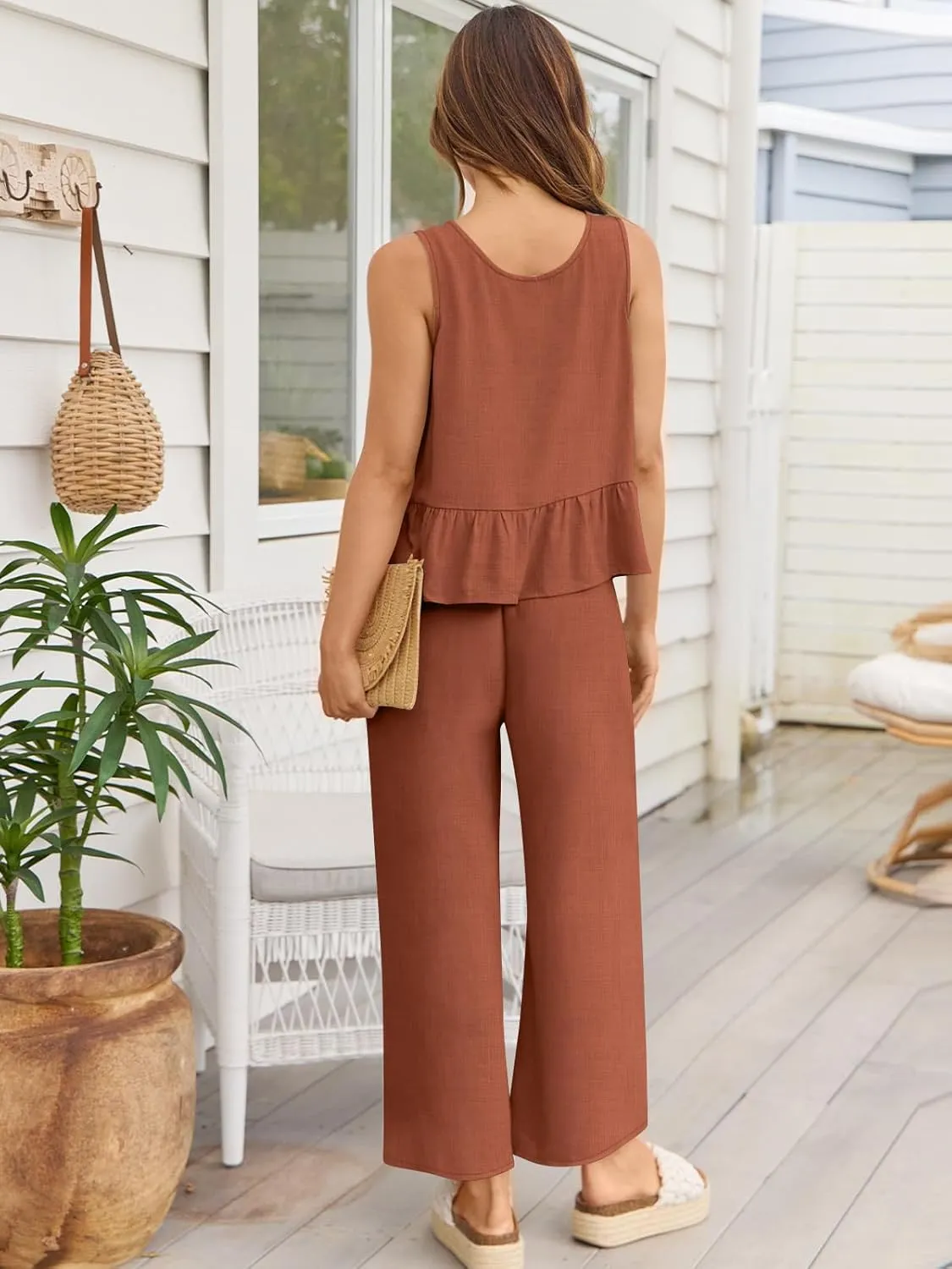 AUTOMET Womens Summer 2 Piece Outfits Linen Crop Tank Tops Lounge Matching Sets & Long Track Pants Tracksuits 2025