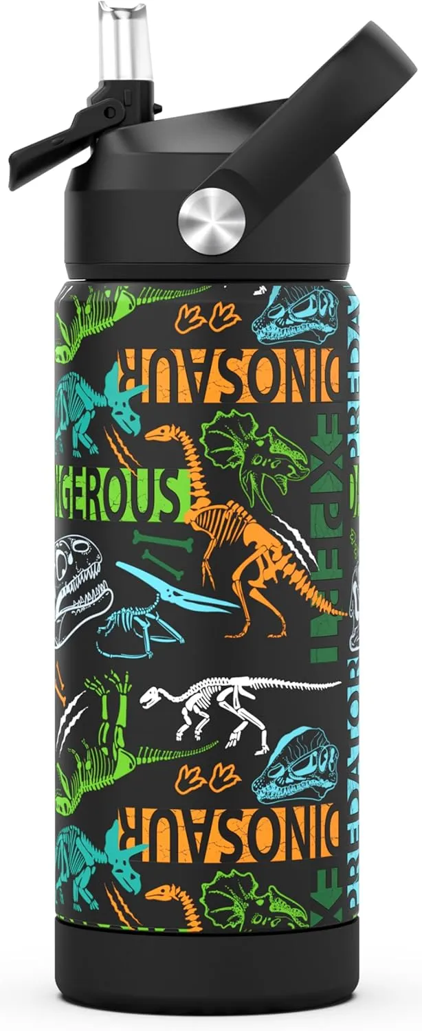 Boys Water Bottle with Straw,18 oz Kids Insulated Cups with Stainless Steel Leak Proof for School,Sport&Travel（Dinosaur）