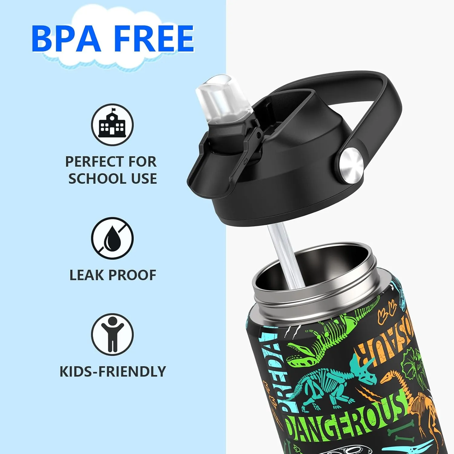 Boys Water Bottle with Straw,18 oz Kids Insulated Cups with Stainless Steel Leak Proof for School,Sport&Travel（Dinosaur）