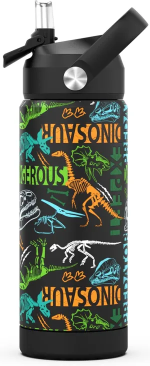 Boys Water Bottle with Straw,18 oz Kids Insulated Cups with Stainless Steel Leak Proof for School,Sport&Travel（Dinosaur）