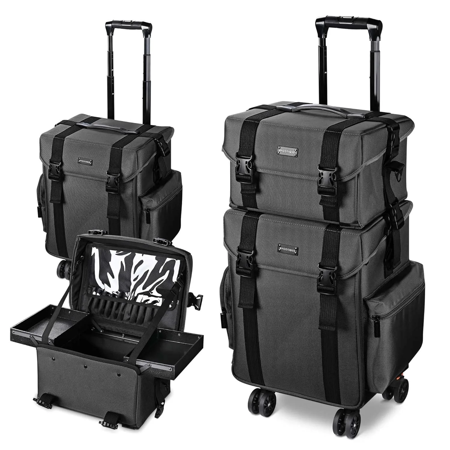 BYOOTIQUE 2in1 Soft Sided Rolling Makeup Train Case Trolley Freelance Makeup Artist Cosmetic Organize Storage Travel Case with Wheels Classic Black