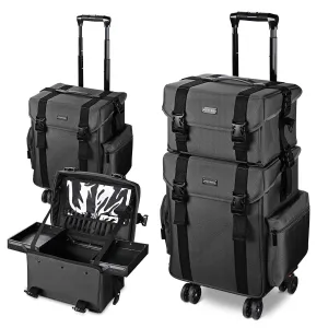 BYOOTIQUE 2in1 Soft Sided Rolling Makeup Train Case Trolley Freelance Makeup Artist Cosmetic Organize Storage Travel Case with Wheels Classic Black