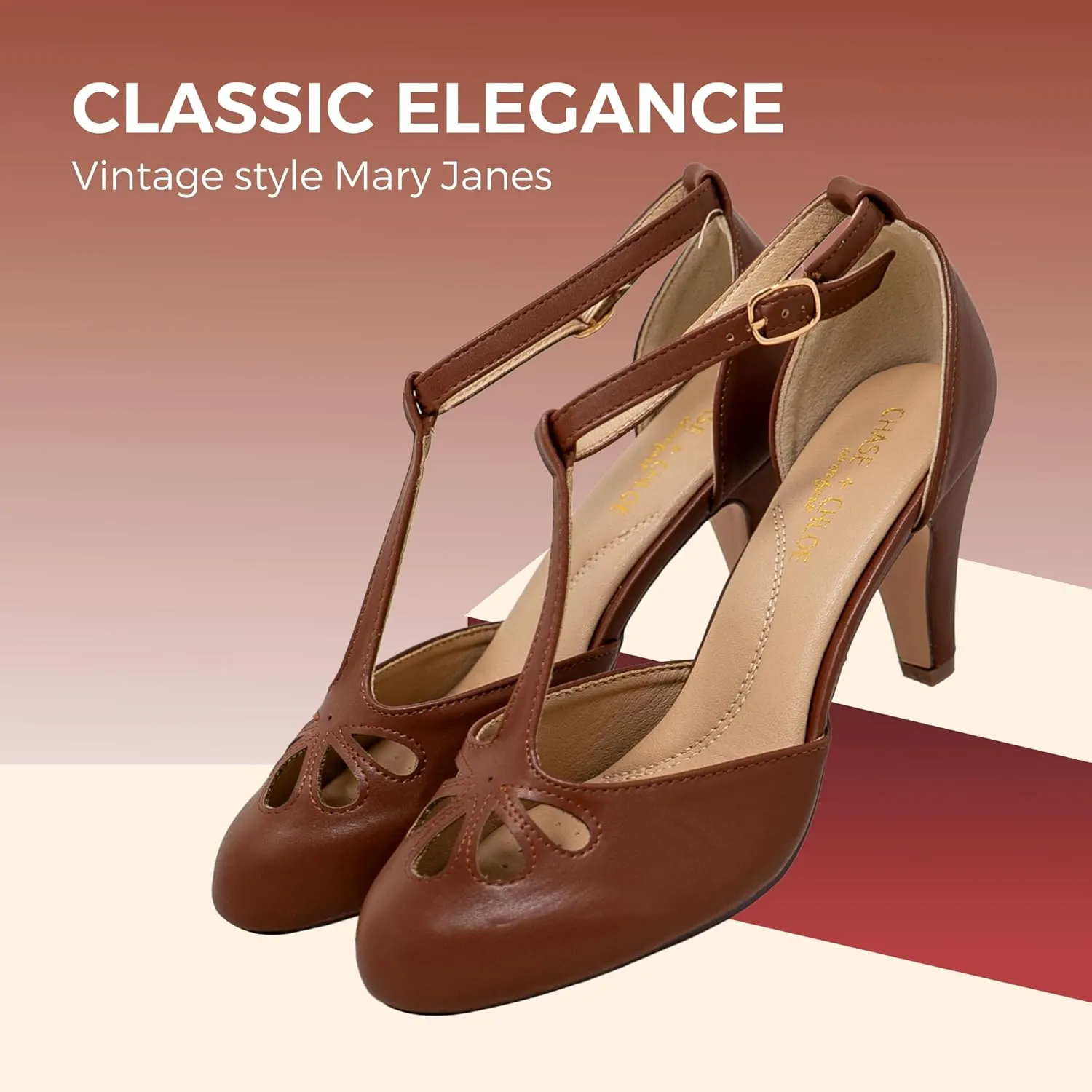 Chase & Chloe Women Mary Jane Oxford Pumps - Cute Low Kitten Heels - Retro Round Toe Shoe with Ankle Strap