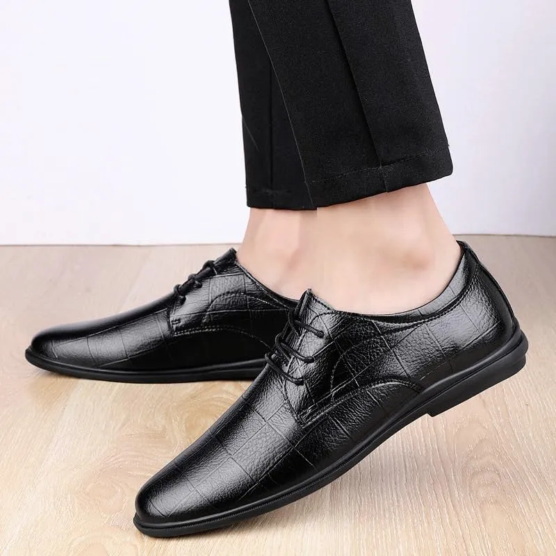 Classic Black Lace-Up Round Toe Leather Shoes Everyday Casual Waterproof Shoes Fashionable Men's Driving Flats