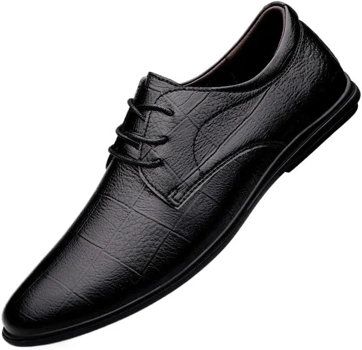 Classic Black Lace-Up Round Toe Leather Shoes Everyday Casual Waterproof Shoes Fashionable Men's Driving Flats