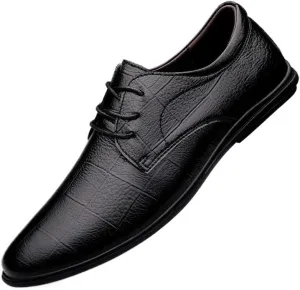 Classic Black Lace-Up Round Toe Leather Shoes Everyday Casual Waterproof Shoes Fashionable Men's Driving Flats