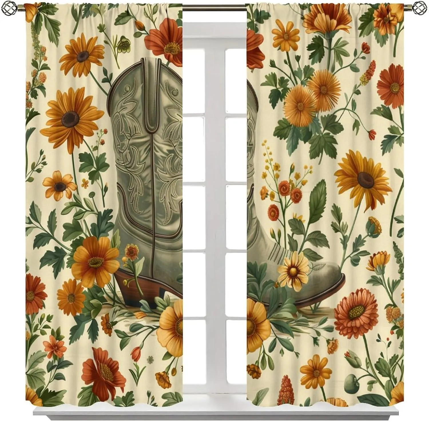 Classic Cowboy Boot Blackout Curtains for Bedroom Living Room, Rod Pocket Vintage Floral Grass Plant Curtains Thermal Insulated Window Drapes 2 Panels, Each 42W x 84L