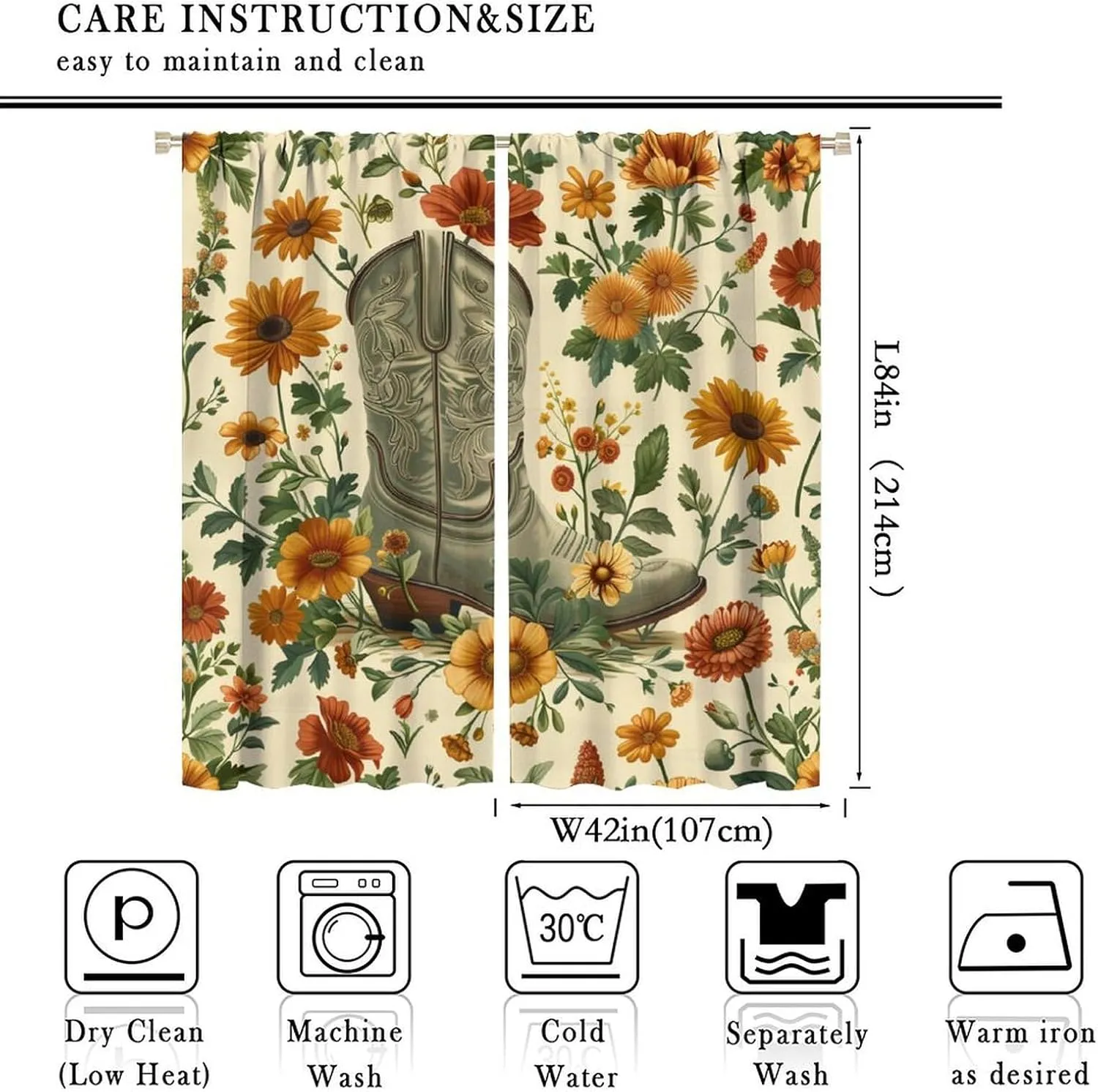 Classic Cowboy Boot Blackout Curtains for Bedroom Living Room, Rod Pocket Vintage Floral Grass Plant Curtains Thermal Insulated Window Drapes 2 Panels, Each 42W x 84L