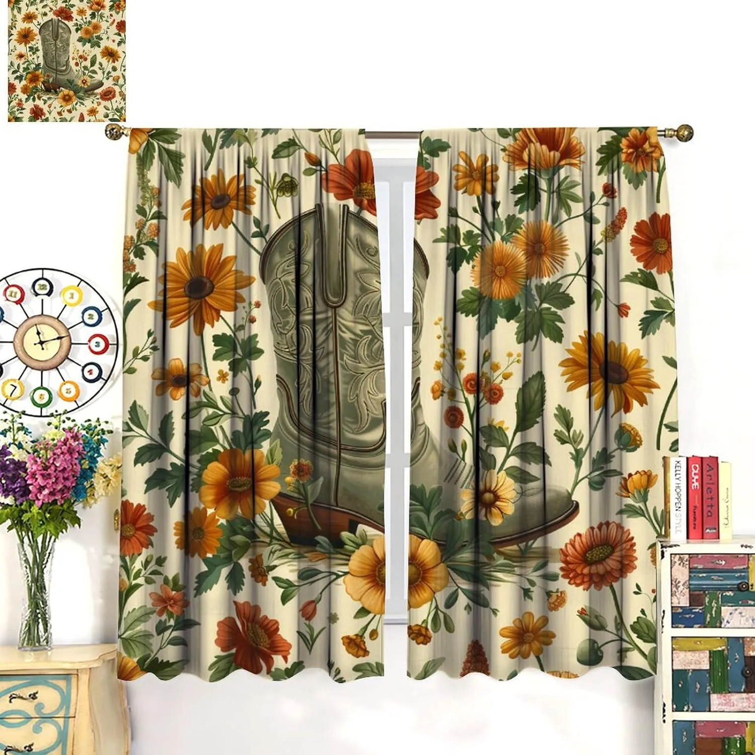 Classic Cowboy Boot Blackout Curtains for Bedroom Living Room, Rod Pocket Vintage Floral Grass Plant Curtains Thermal Insulated Window Drapes 2 Panels, Each 42W x 84L