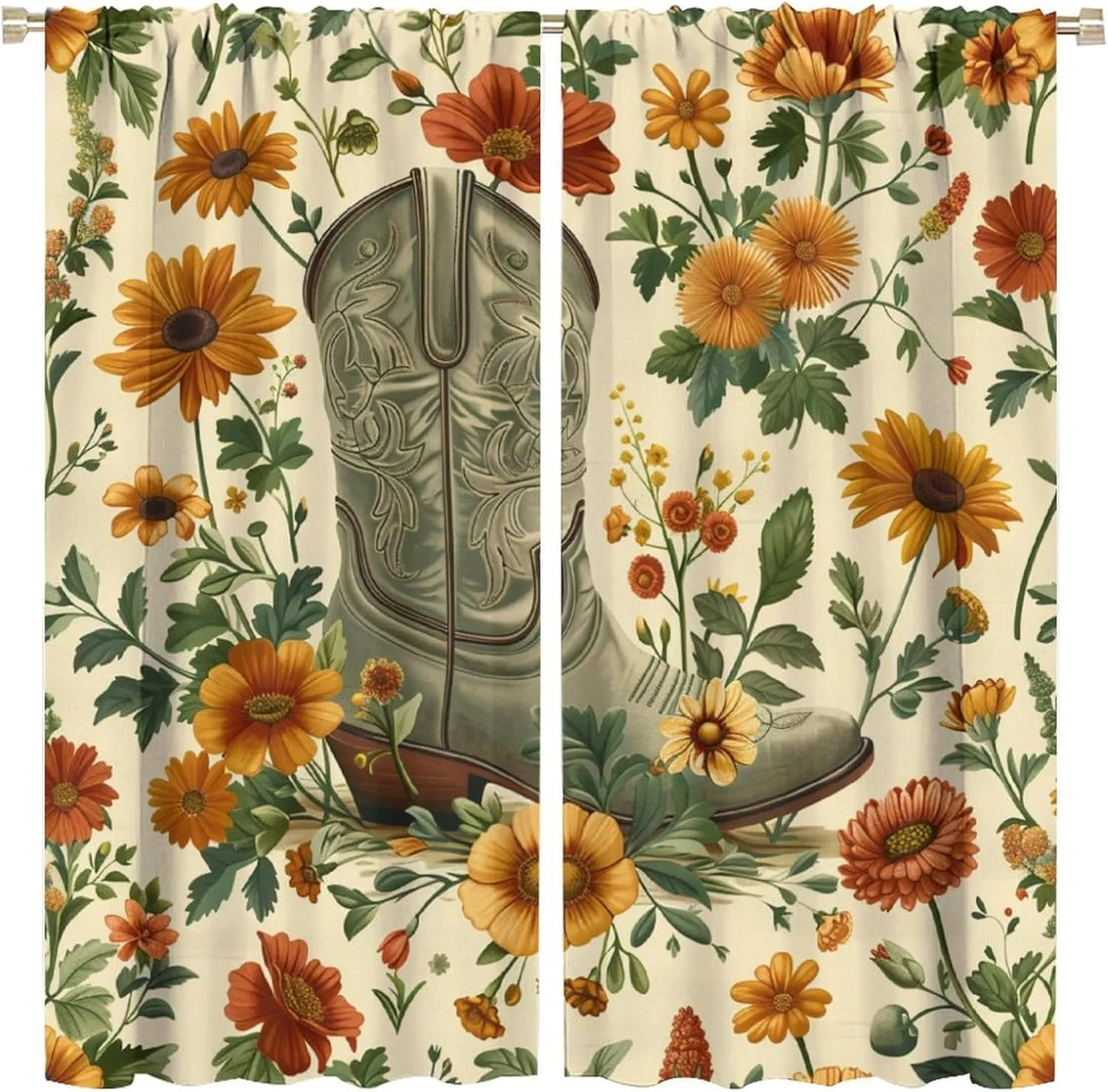Classic Cowboy Boot Blackout Curtains for Bedroom Living Room, Rod Pocket Vintage Floral Grass Plant Curtains Thermal Insulated Window Drapes 2 Panels, Each 42W x 84L