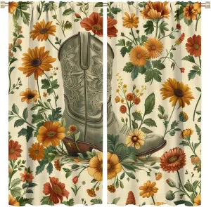 Classic Cowboy Boot Blackout Curtains for Bedroom Living Room, Rod Pocket Vintage Floral Grass Plant Curtains Thermal Insulated Window Drapes 2 Panels, Each 42W x 84L