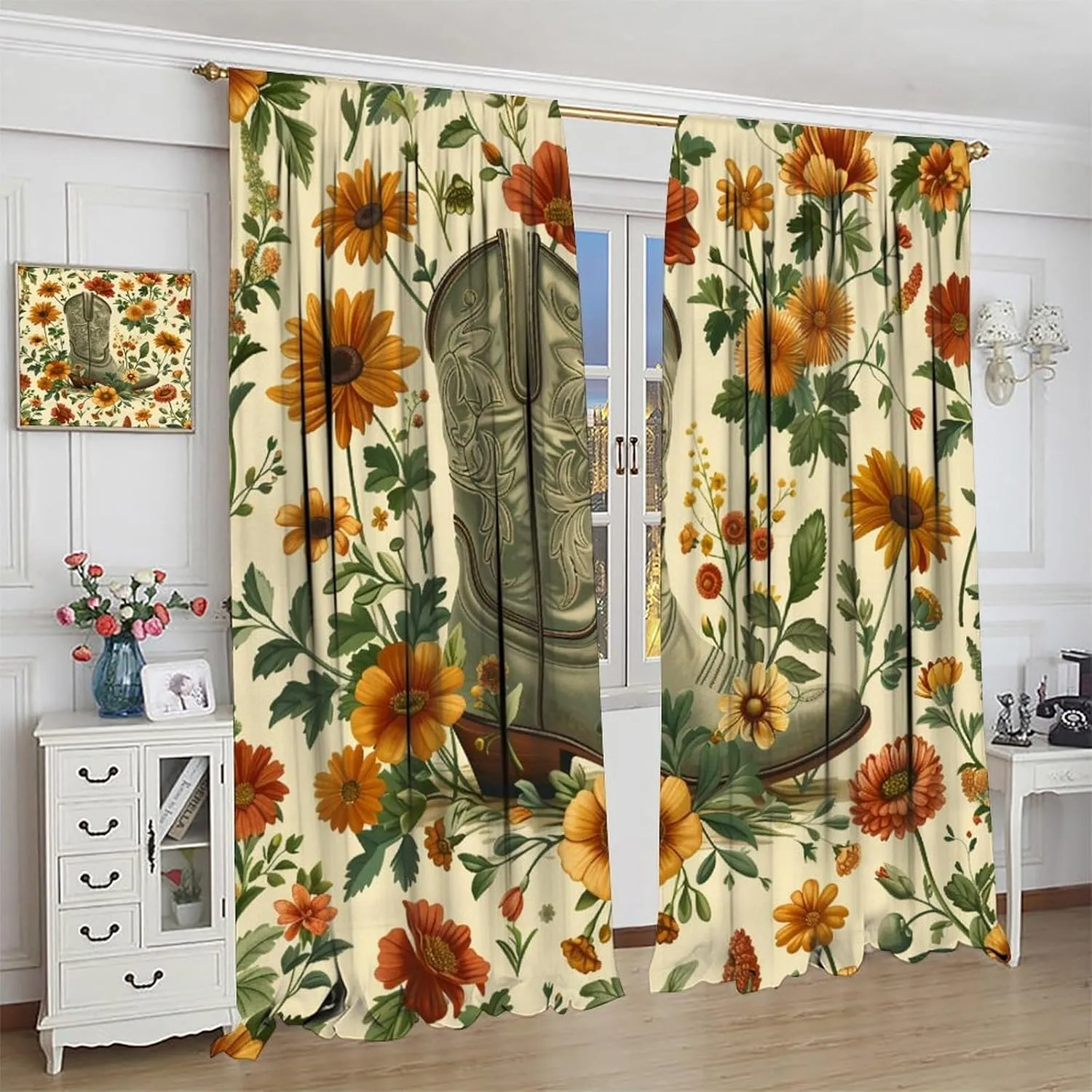 Classic Cowboy Boot Blackout Curtains for Bedroom Living Room, Rod Pocket Vintage Floral Grass Plant Curtains Thermal Insulated Window Drapes 2 Panels, Each 42W x 84L