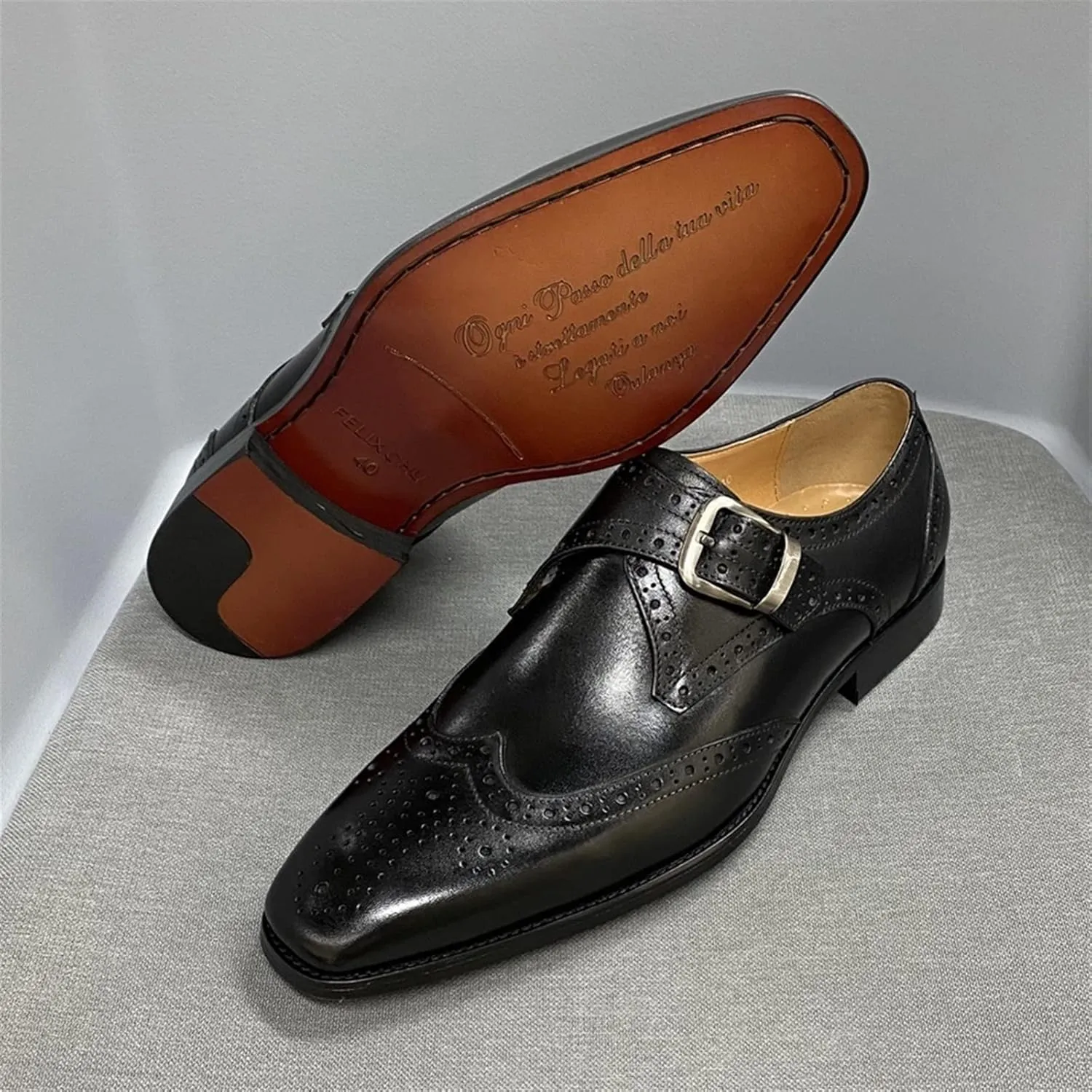 Comodish Formal Shoes Dress Oxford for Men Slip On Monk Strap Brogue Embossed Wing-tip Square Toe Cowhide Low Top Anti-Slip Slip Resistant Block Heel Non Slip Formal Oxford