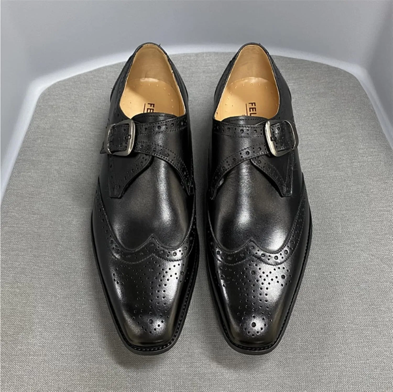 Comodish Formal Shoes Dress Oxford for Men Slip On Monk Strap Brogue Embossed Wing-tip Square Toe Cowhide Low Top Anti-Slip Slip Resistant Block Heel Non Slip Formal Oxford