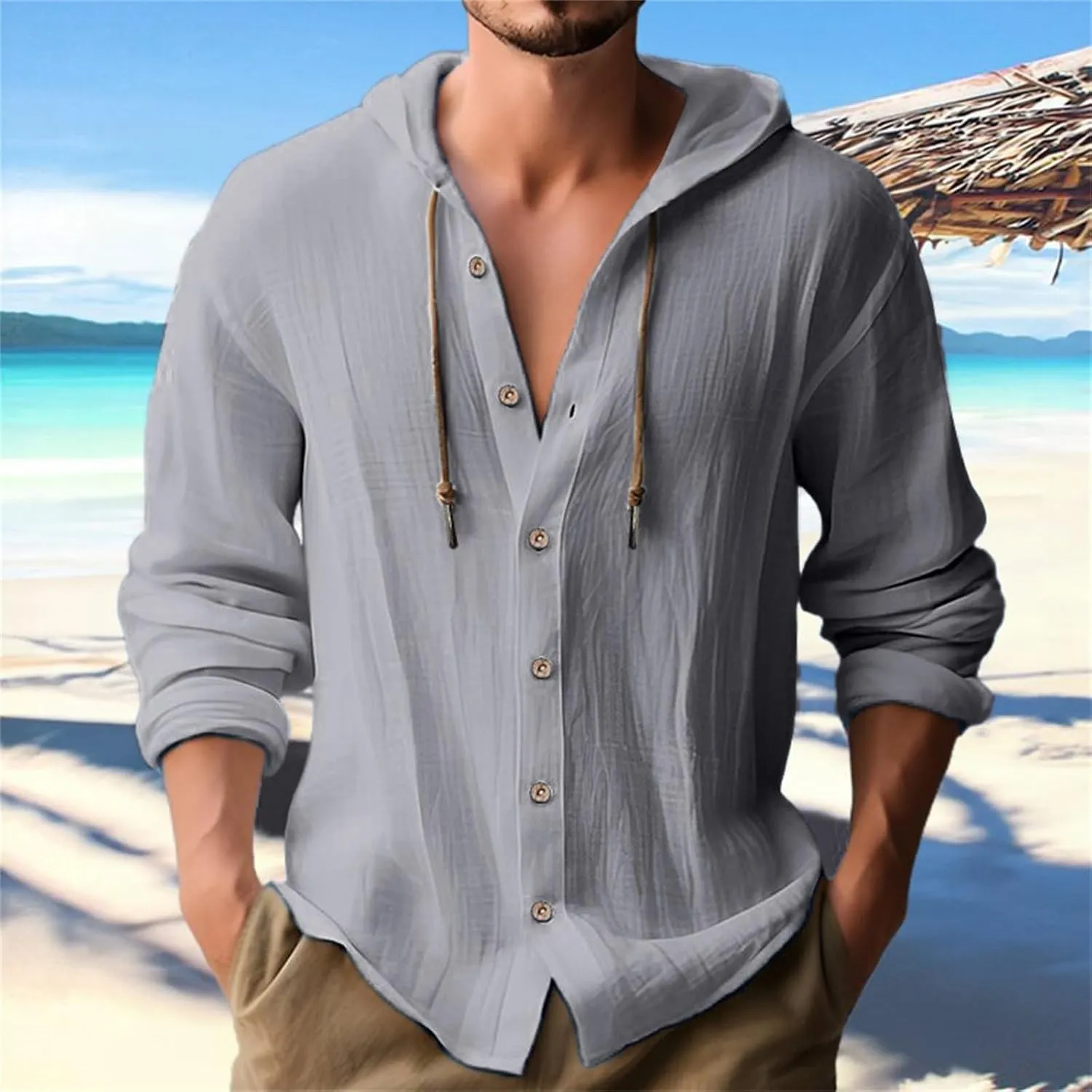 Cotton Hoodie Men Long Sleeve Summer Button Up Hooded Beach Fashion V Neck Dry Fit Tops Oversized Stylish Holiday Shirts