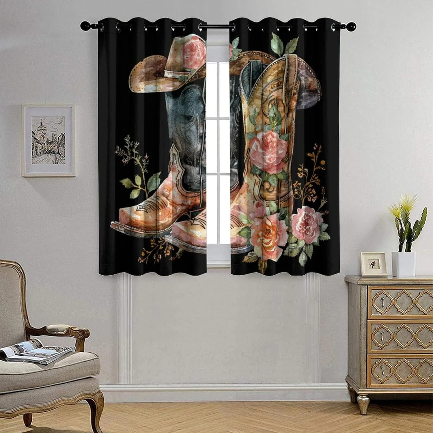 Cowboy Boot Grommet Blackout Curtains for Bedroom, Red Peony Floral Abstract Hat Shoe Thermal Insulated Curtains Room Darkening Window Drapes, 52W x 63L, 2 Panels