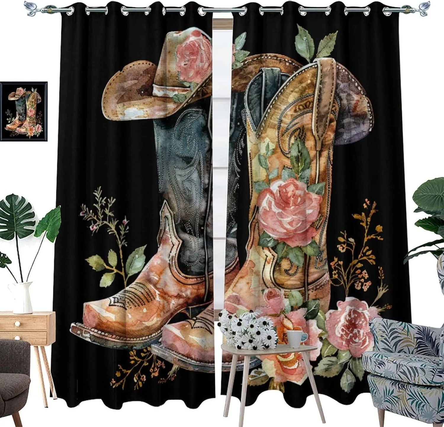 Cowboy Boot Grommet Blackout Curtains for Bedroom, Red Peony Floral Abstract Hat Shoe Thermal Insulated Curtains Room Darkening Window Drapes, 52W x 63L, 2 Panels