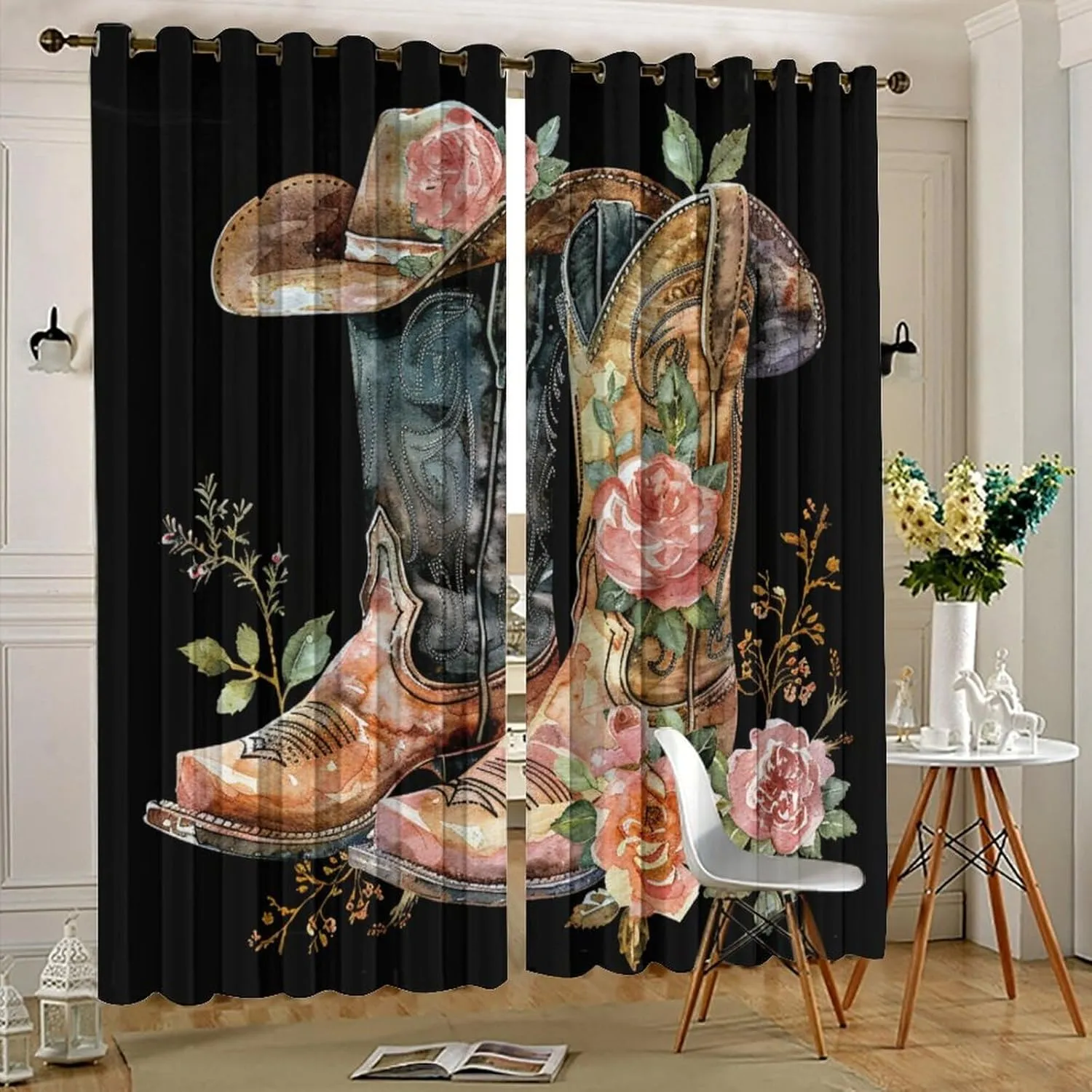 Cowboy Boot Grommet Blackout Curtains for Bedroom, Red Peony Floral Abstract Hat Shoe Thermal Insulated Curtains Room Darkening Window Drapes, 52W x 63L, 2 Panels