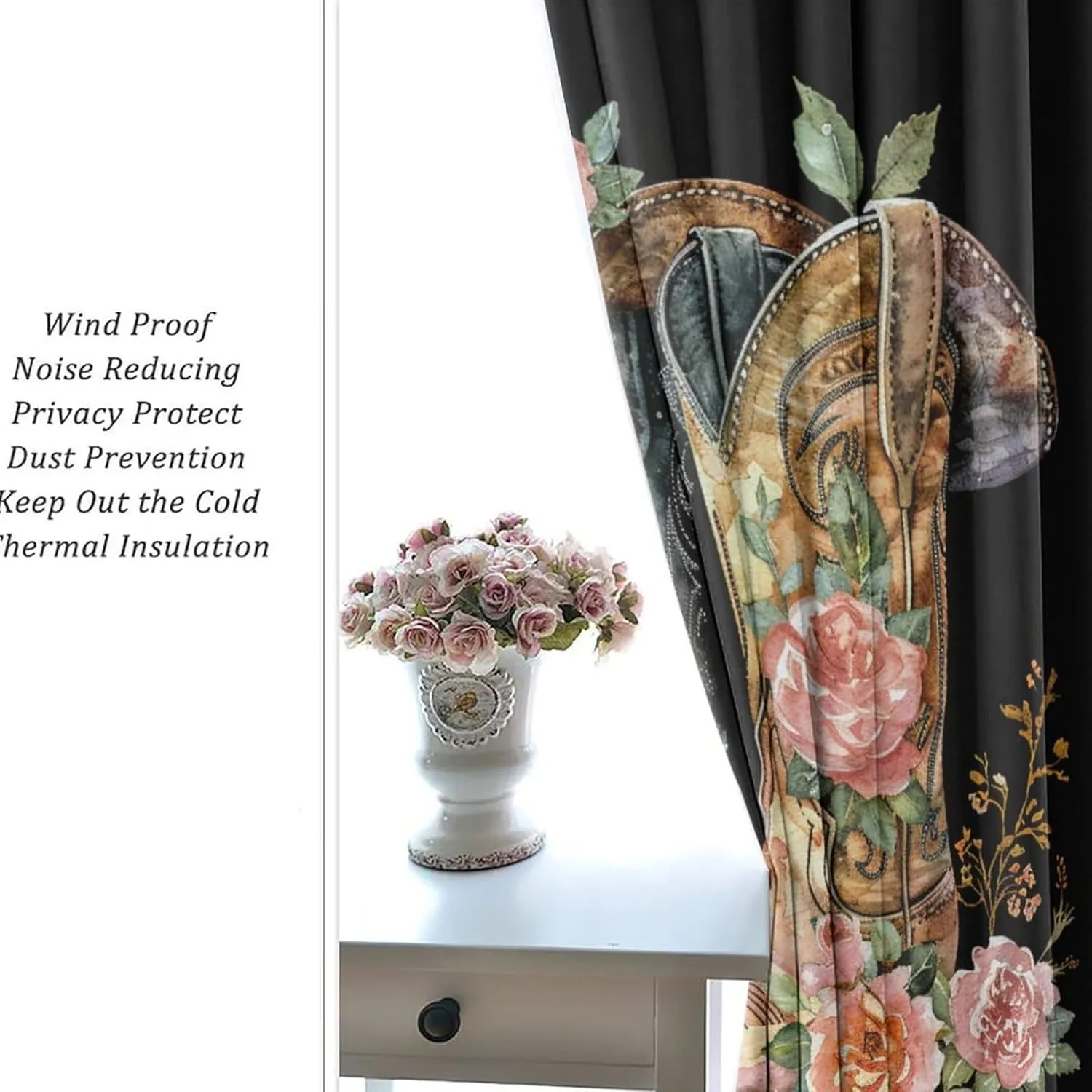 Cowboy Boot Grommet Blackout Curtains for Bedroom, Red Peony Floral Abstract Hat Shoe Thermal Insulated Curtains Room Darkening Window Drapes, 52W x 63L, 2 Panels