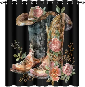 Cowboy Boot Grommet Blackout Curtains for Bedroom, Red Peony Floral Abstract Hat Shoe Thermal Insulated Curtains Room Darkening Window Drapes, 52W x 63L, 2 Panels
