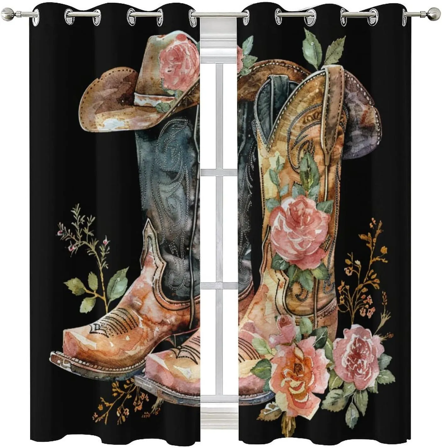 Cowboy Boot Grommet Blackout Curtains for Bedroom, Red Peony Floral Abstract Hat Shoe Thermal Insulated Curtains Room Darkening Window Drapes, 52W x 63L, 2 Panels