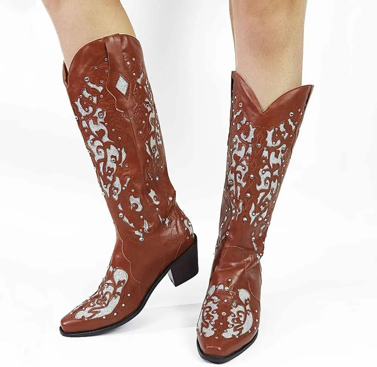Cubicbee Women's Glitter Inlay Rhinestones Cowgirl Cowboy Boots Anti Slip Mid Calf Boots Fashion Work Western Boots