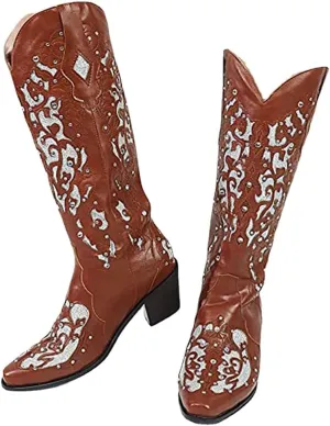 Cubicbee Women's Glitter Inlay Rhinestones Cowgirl Cowboy Boots Anti Slip Mid Calf Boots Fashion Work Western Boots